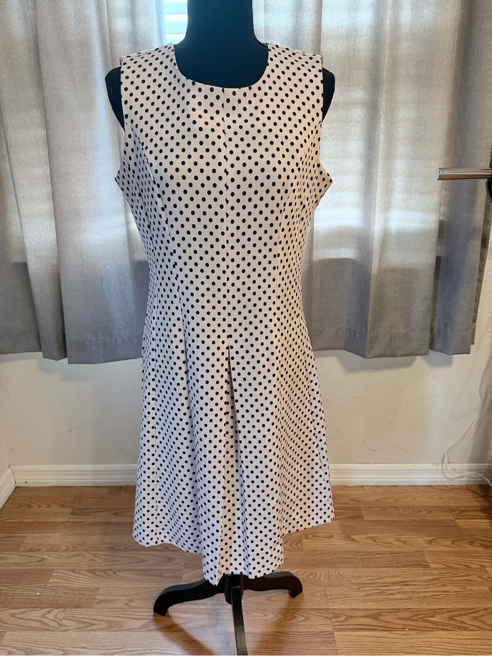 Sleeveless White and Black Polka Dot Midi Dress